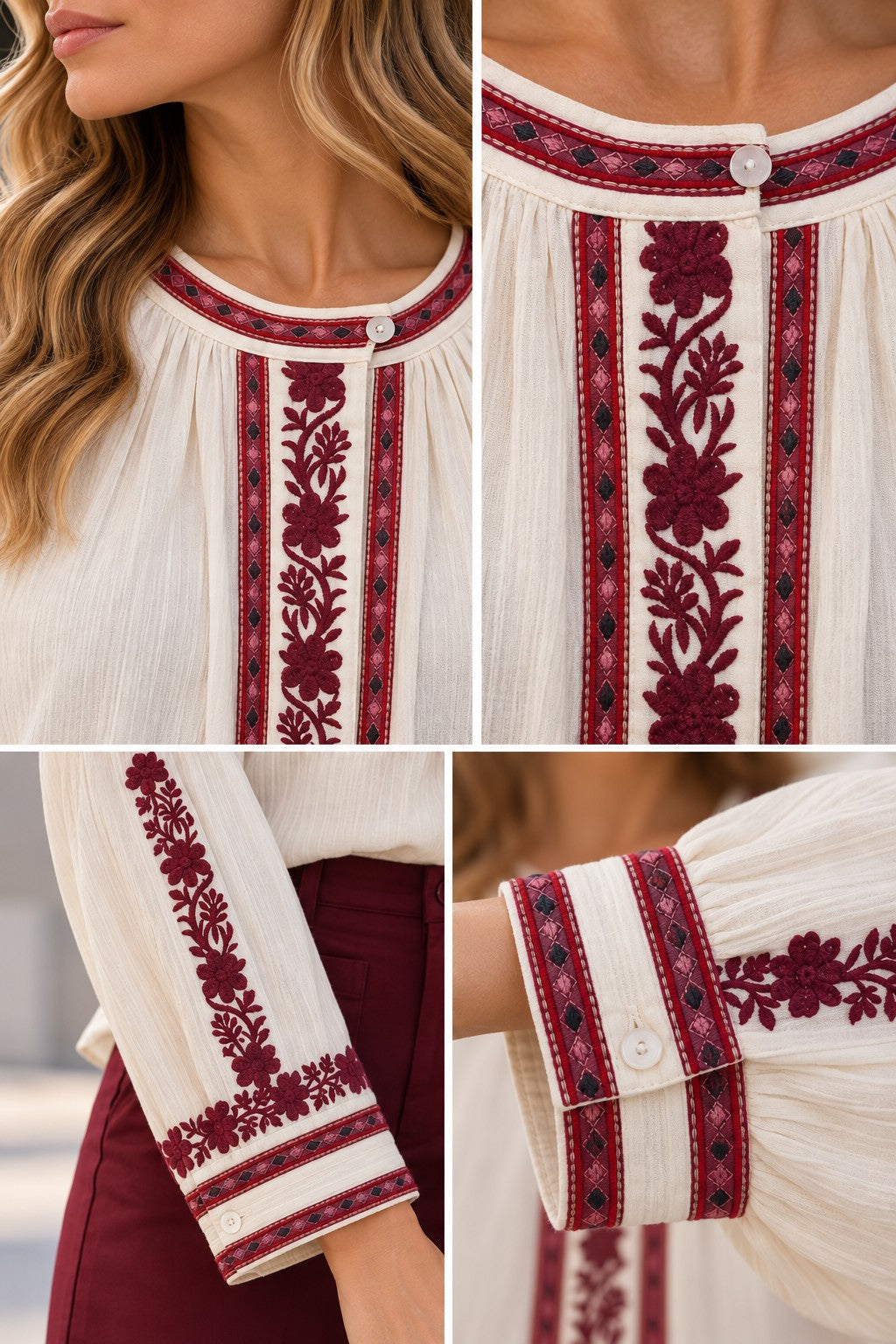 Blusa bordada MDM crudo y burdeos - detalles