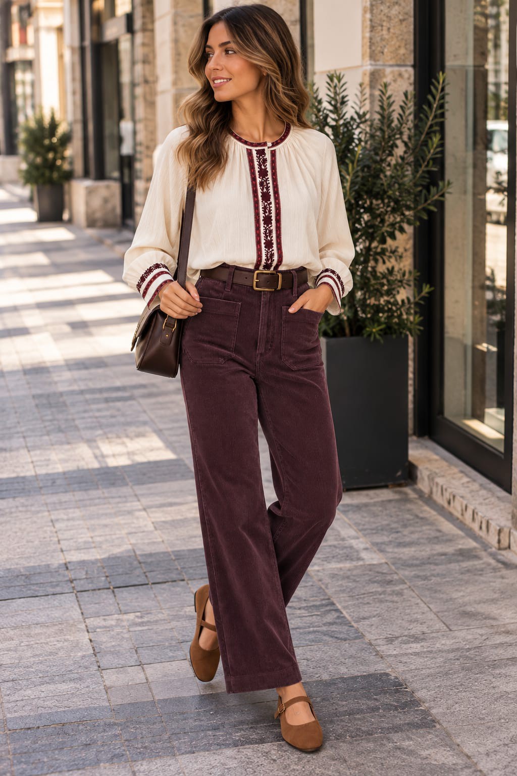 Pantalón de pana MDM burdeos - frontal con blusa