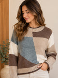 Jersey de bloques geométricos en tonos beige, gris azulado, crudo y marrón, vista frontal