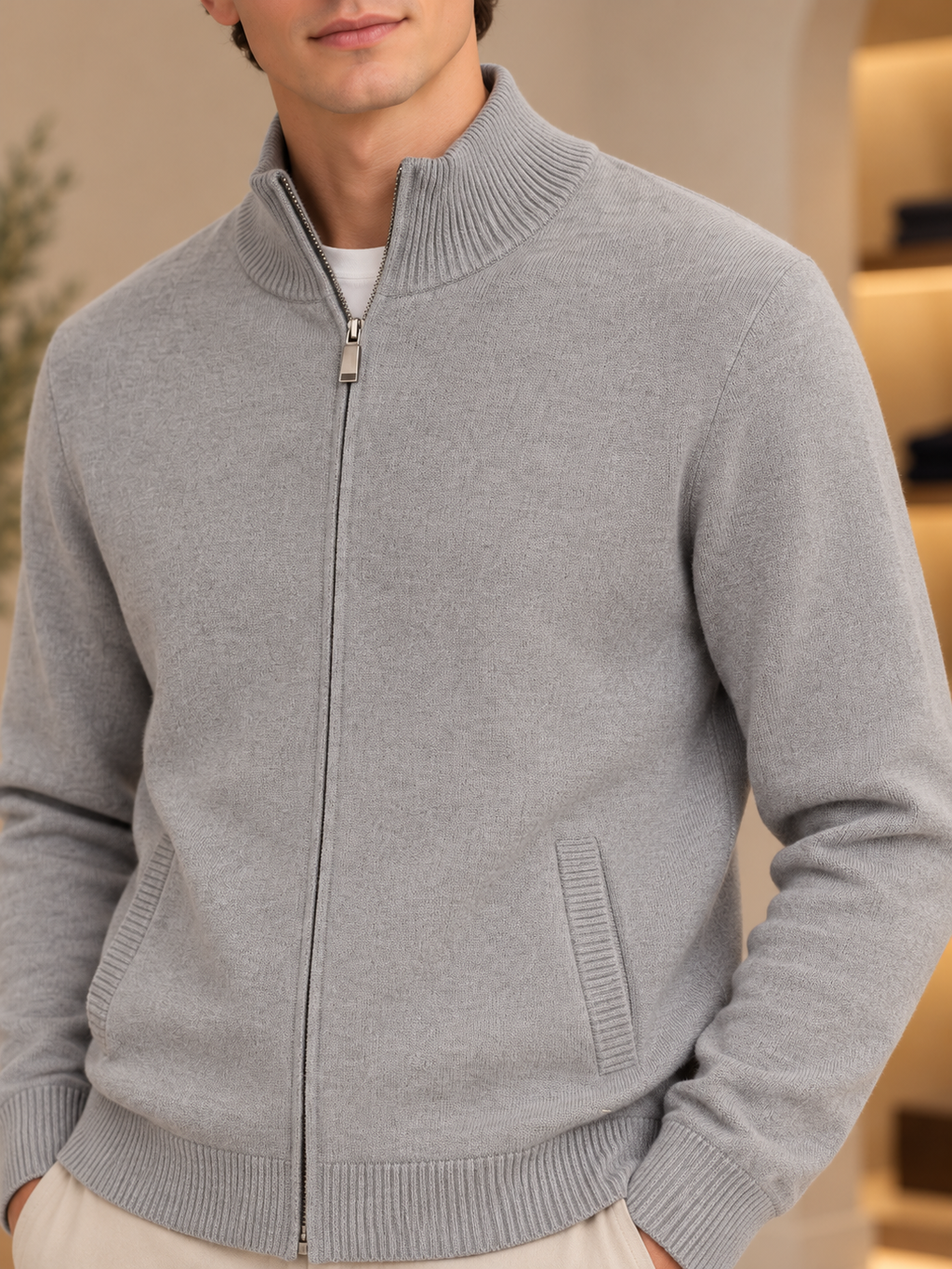 Detalle cuello y cremallera chaqueta gris