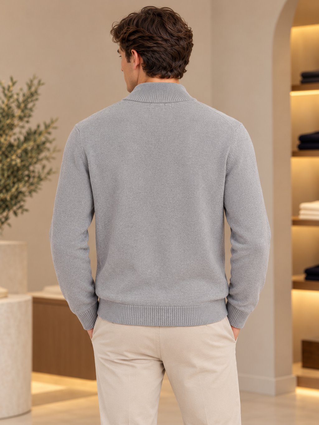 Chaqueta gris de punto con cremallera trasera