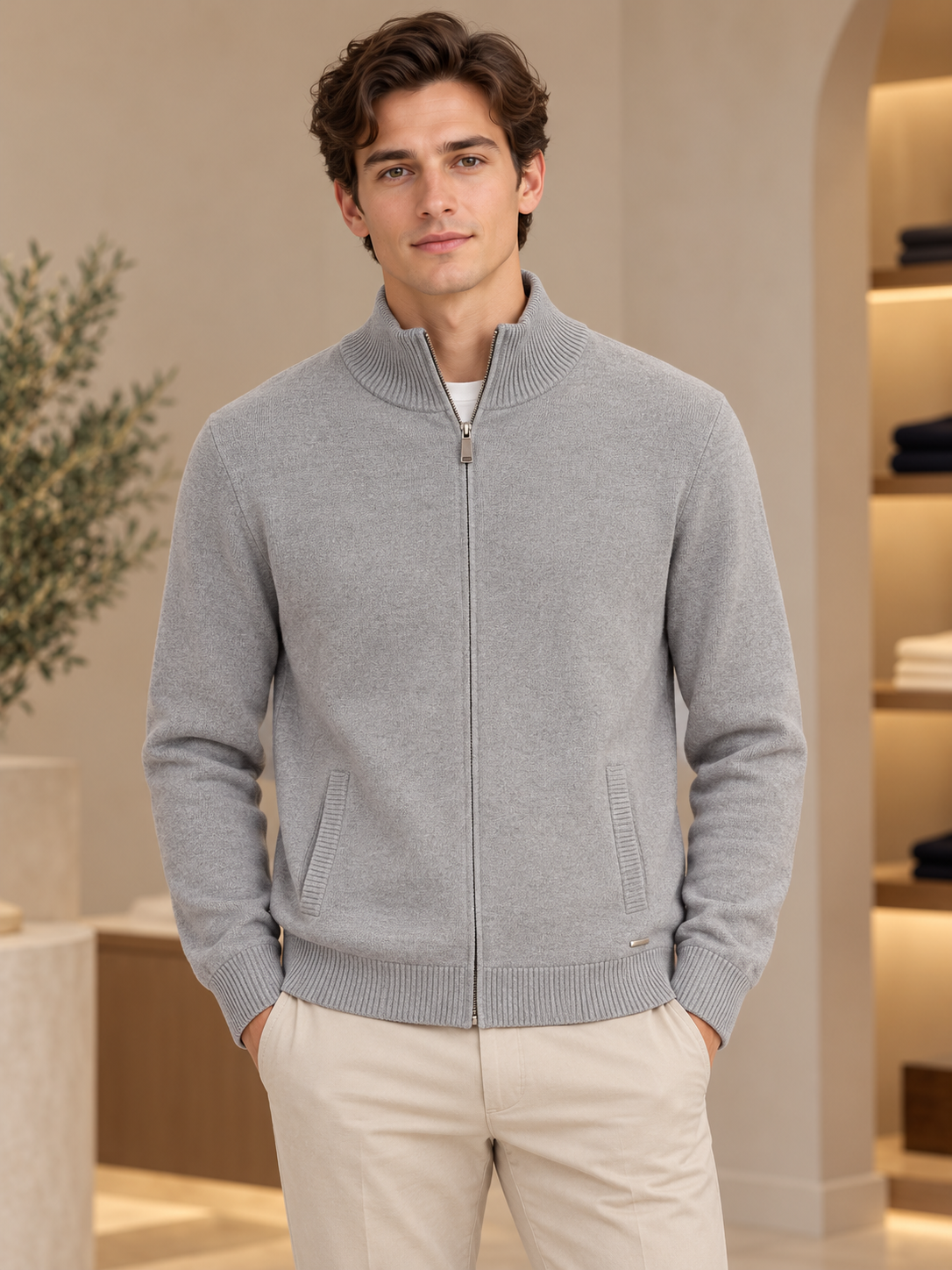 Chaqueta gris de punto con cremallera frontal
