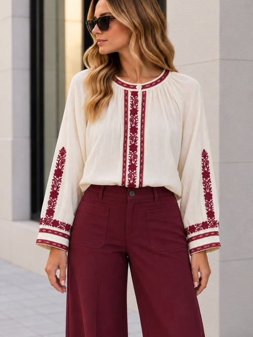 Blusa bordada - Crudo/Burdeos, imagen 1