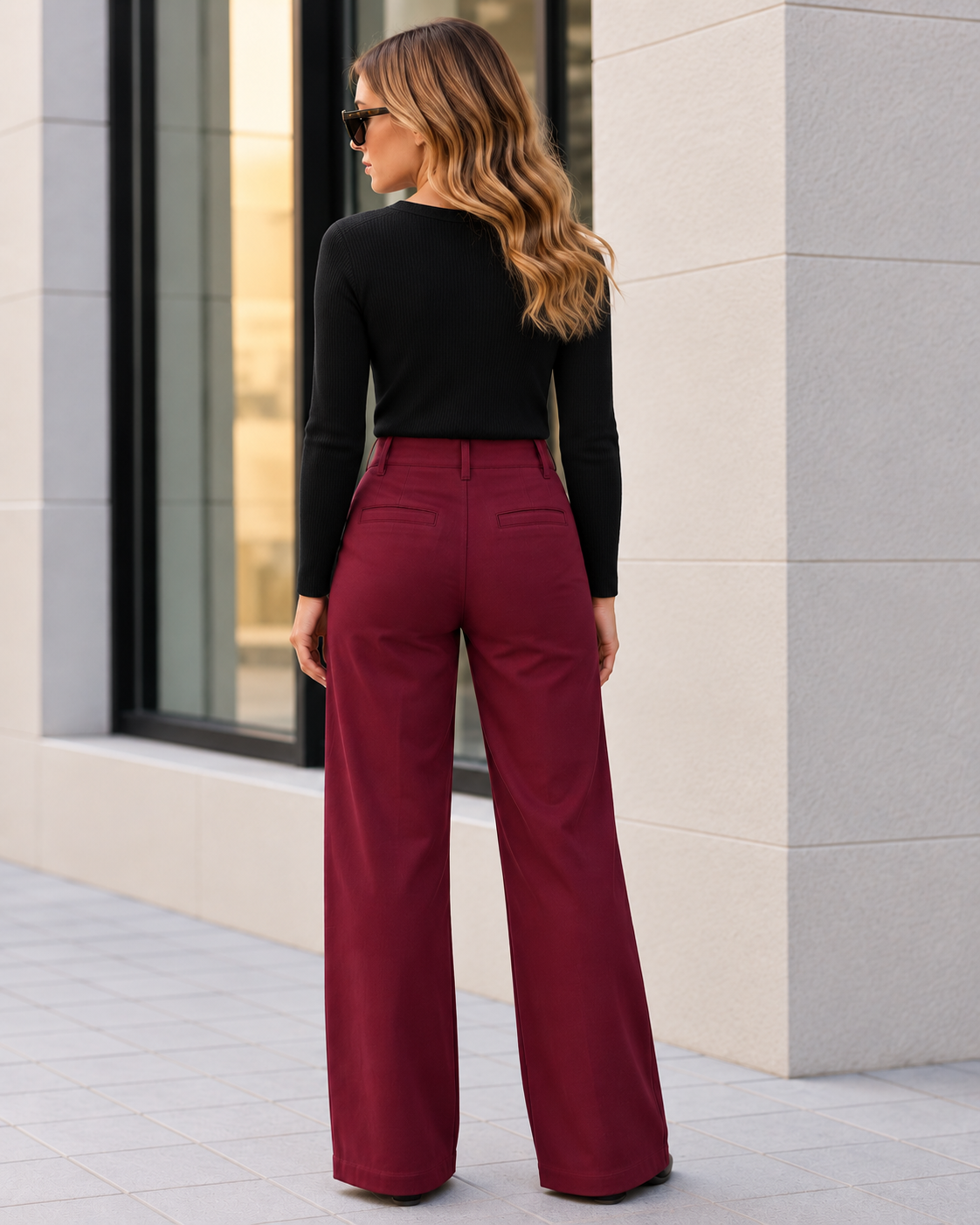Pantalón MDM burdeos - espalda con top negro