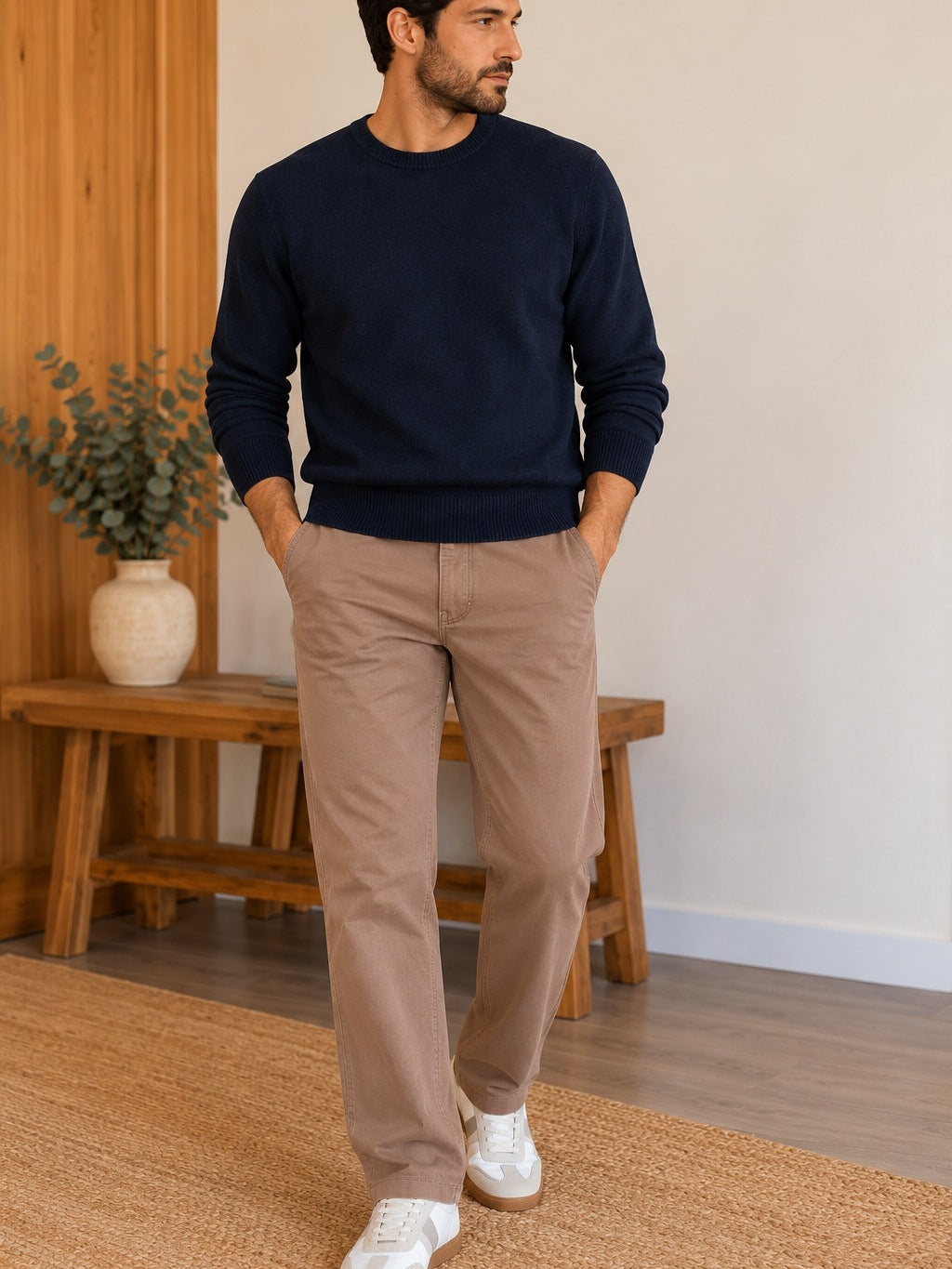 Pantalón chino recto topo frontal en modelo