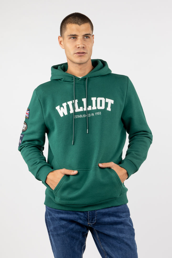 Sudadera Canguro Parches Williot verde botella con modelo